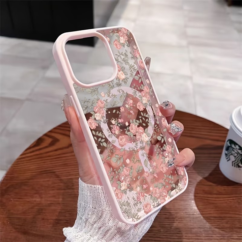 Clear Shockproof Bumper Case - เคสโทรศัพท์แม่เหล็กใสลายกุหลาบสีชมพูเล็ก สำหรับ iPhone 17 16 15